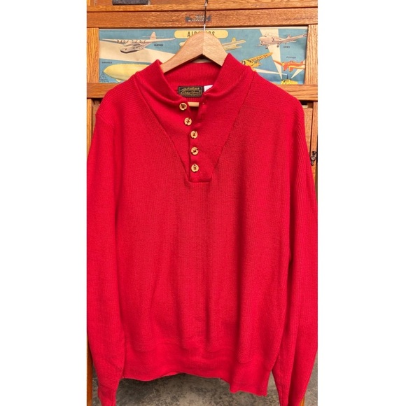 Vintage Oversized Henley Cherry Red Knit Sweater - Picture 3 of 7